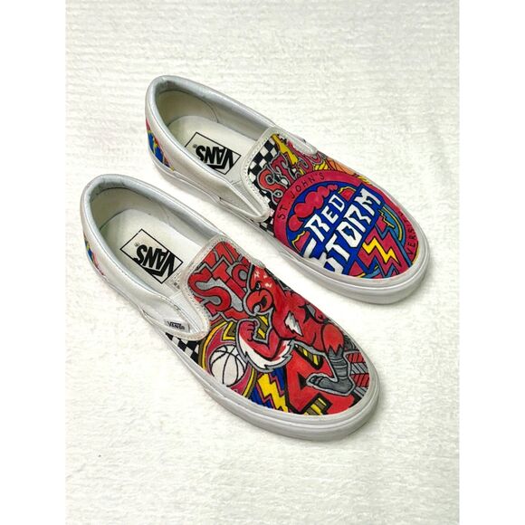 VANS St. John University Red Storm Custom Painted Canvas Classic Slip-Ons - Picture 1 of 11